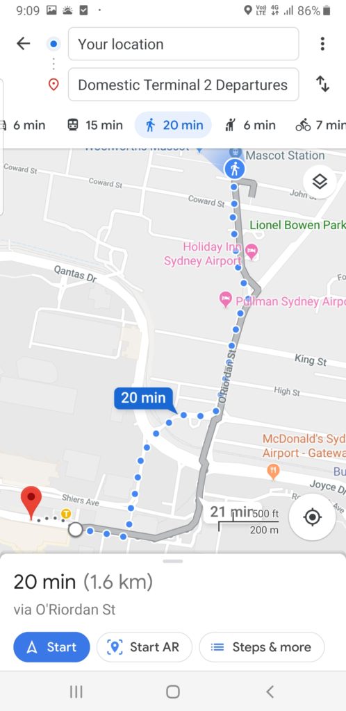Google map Mascot Train Station to Sydney Domestic Airport